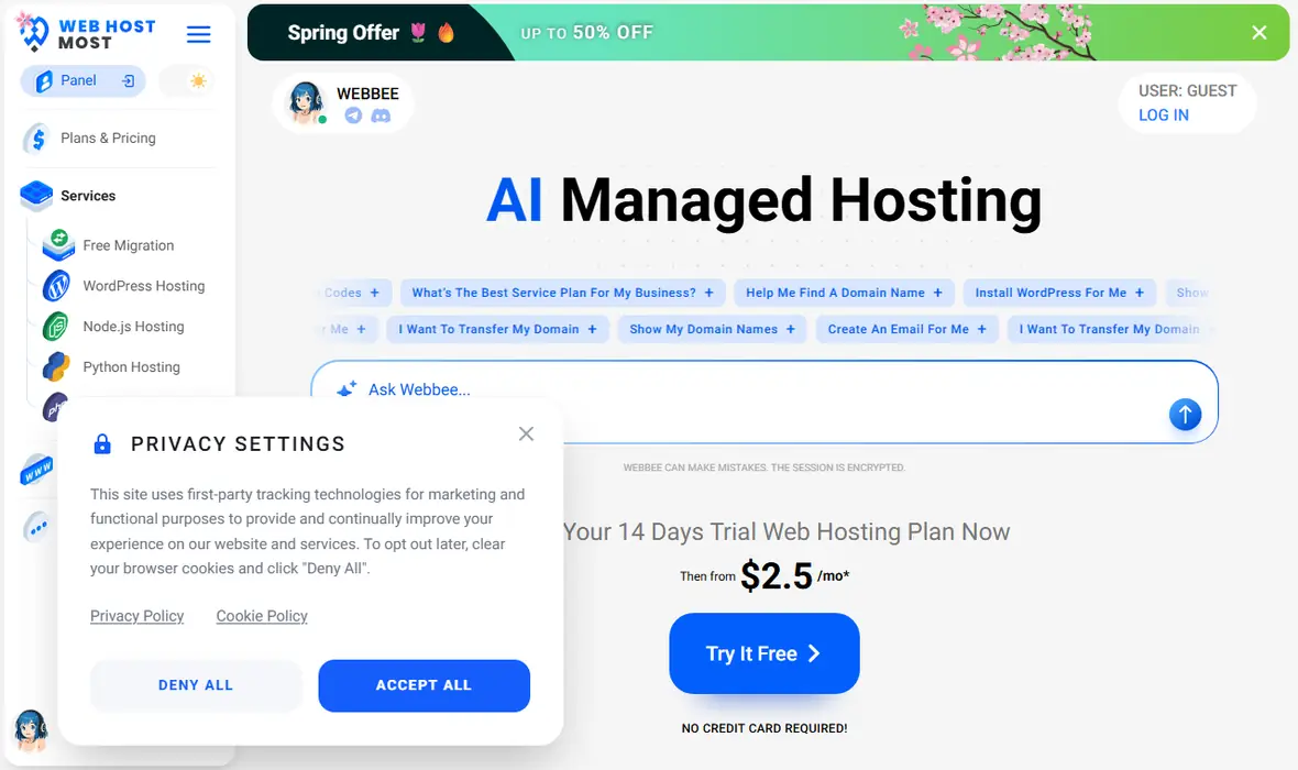 WebHostMost public homepage and offer framing