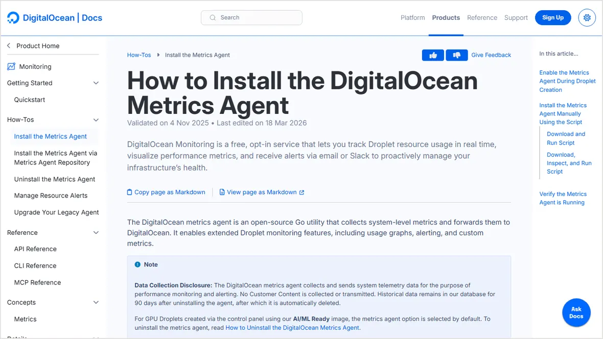 DigitalOcean monitoring agent documentation