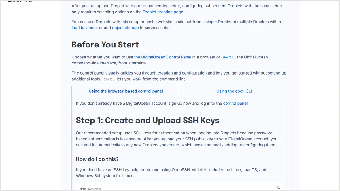 DigitalOcean SSH key setup section