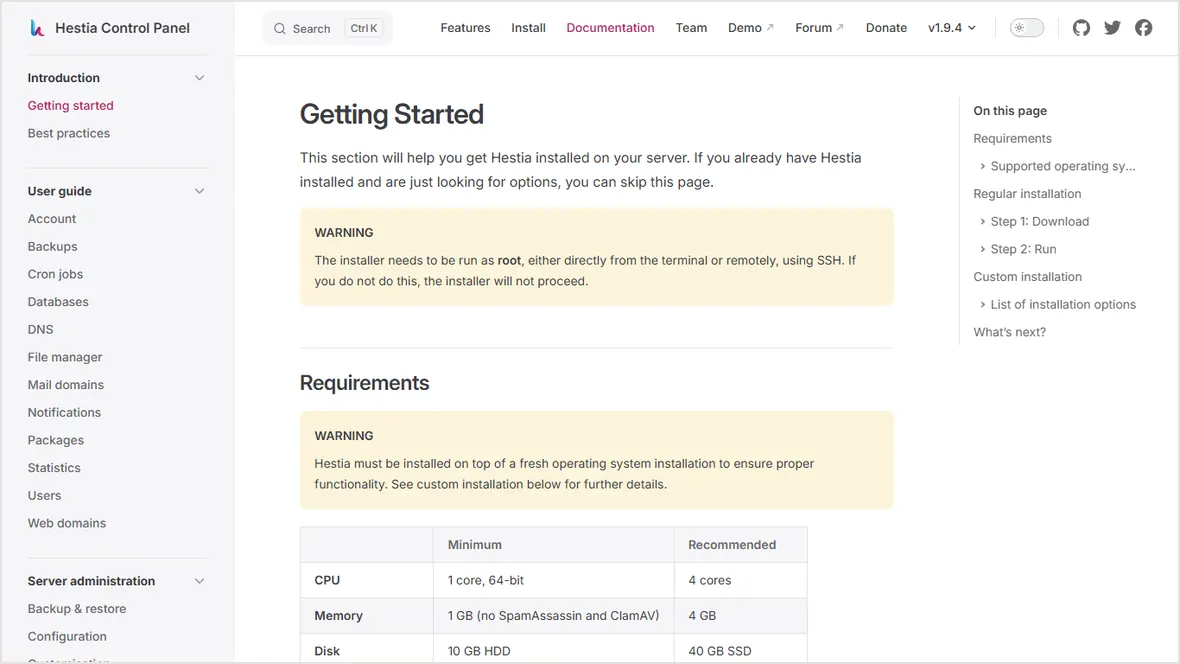 HestiaCP getting started documentation