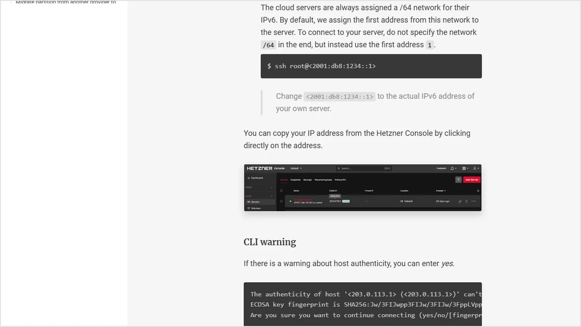 Hetzner SSH commands documentation