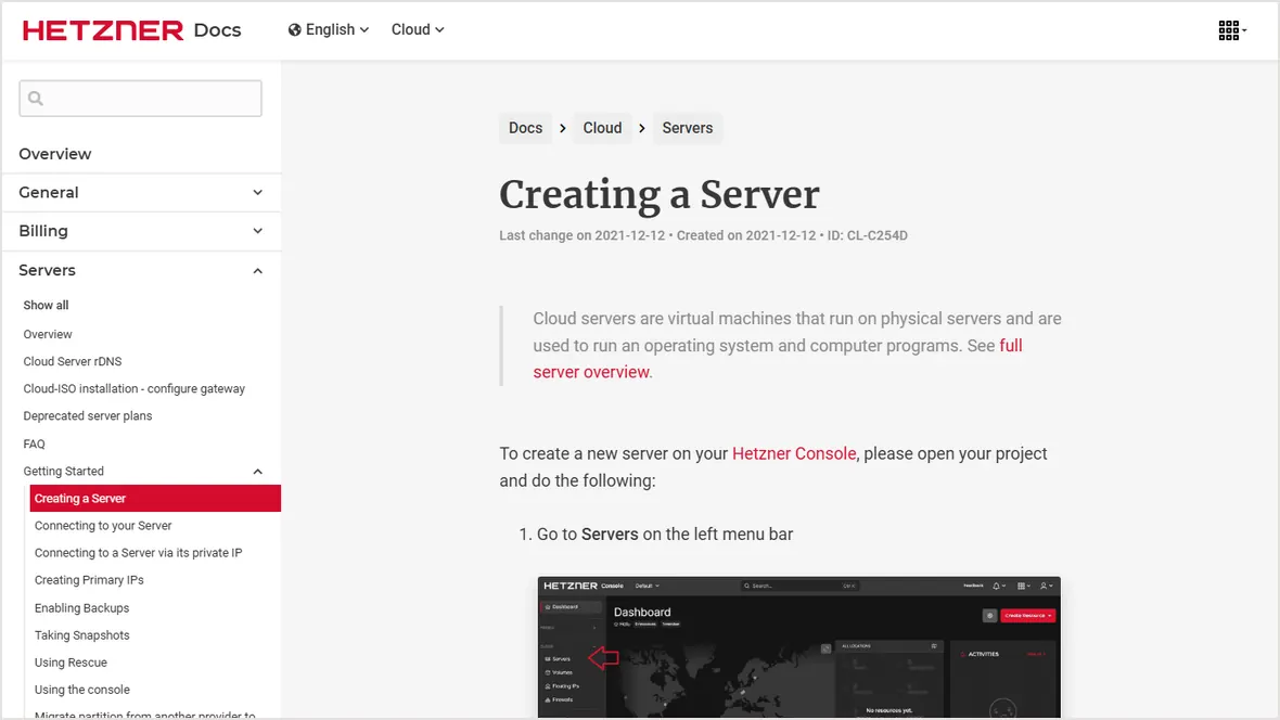 Hetzner creating a server documentation