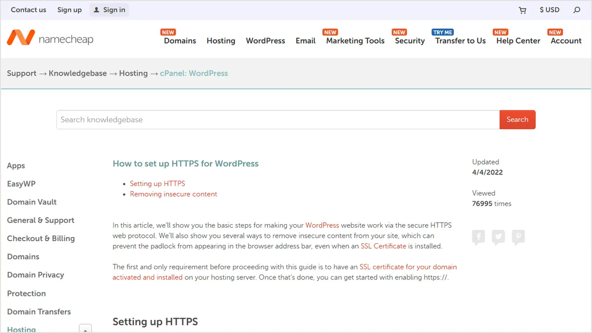 Namecheap WordPress HTTPS support page